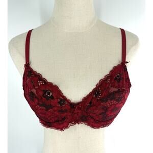 Adored By Adore Me Bra Red Chelsey Floral Lace Unlined Underwire Back Close 34B